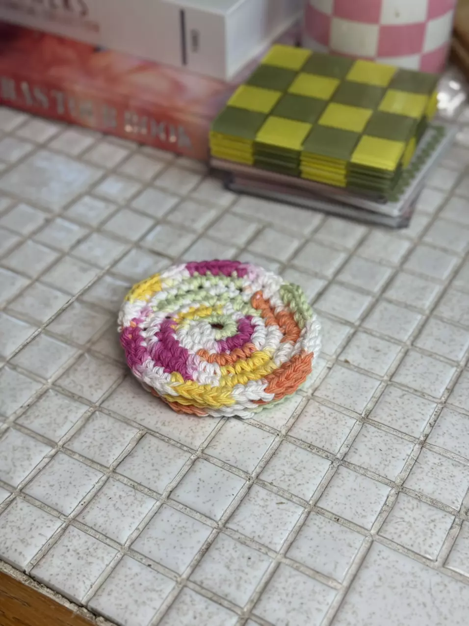 Colorful handmade crochet coaster thumbnail