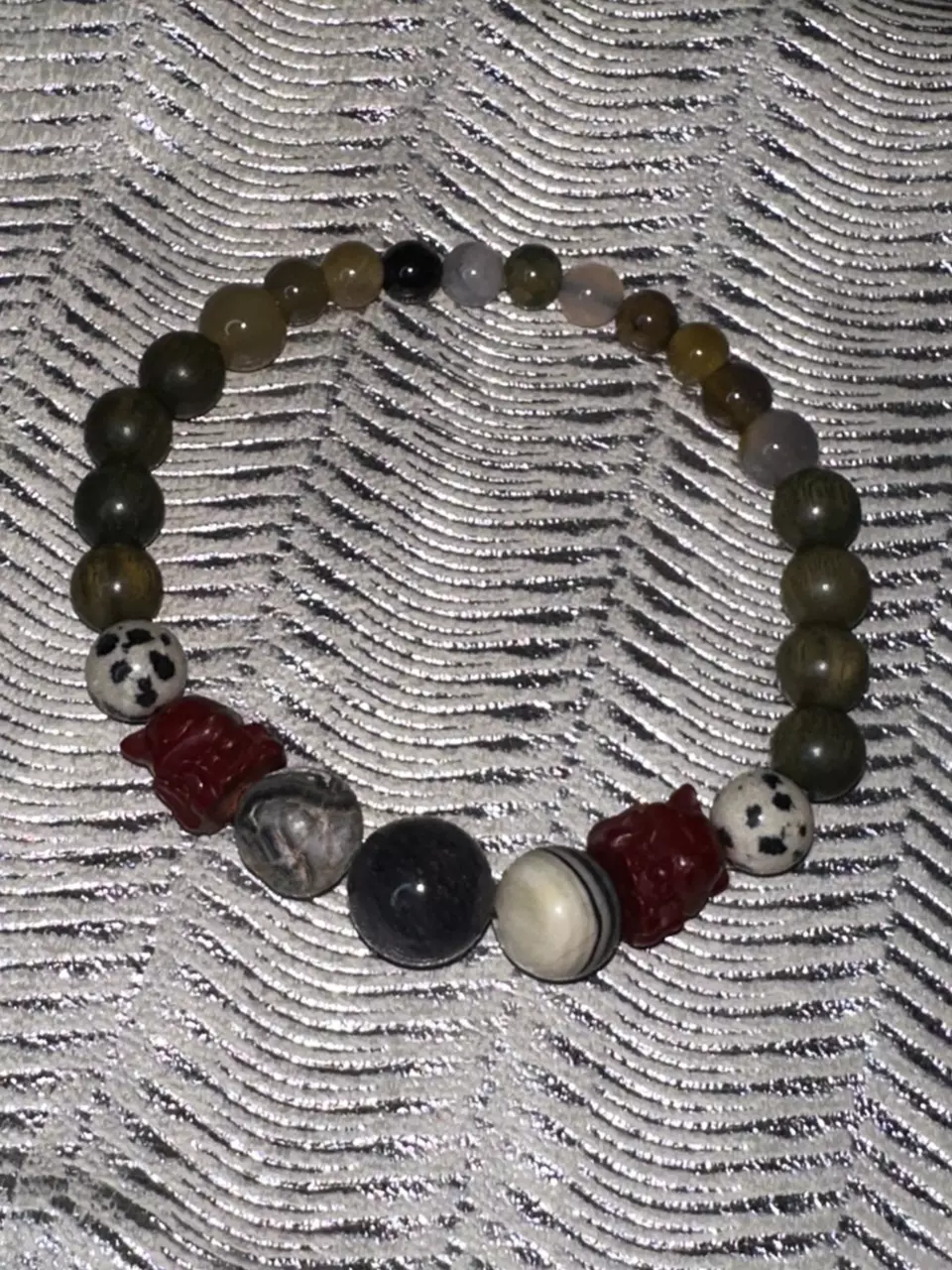 Cinnabar/Dalmatian Jasper/Calcite/Iolite/Wood/Agate Stretch Bracelet thumbnail