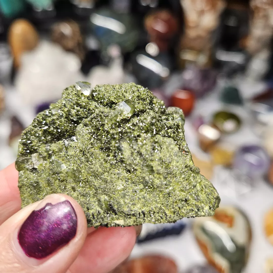 Epidote Raw with Clear Quartz Points mixed in. thumbnail