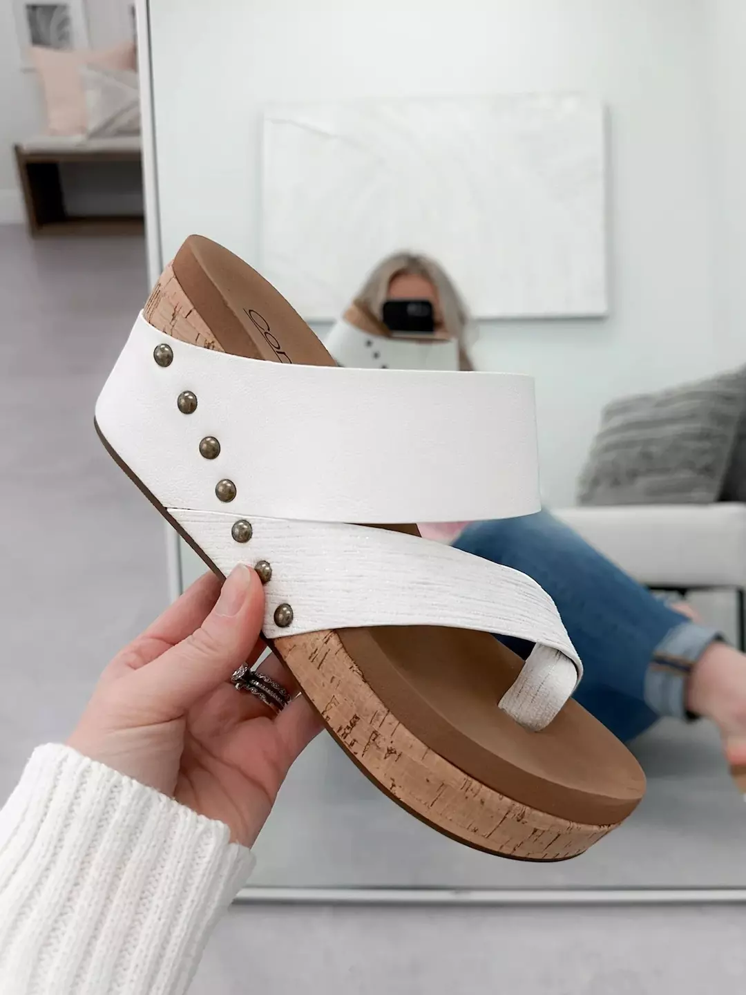 Corkys Bashful White Wedge Sandals – Soft Memory Foam, Vegan Leather, 2.5" Heel, Chic & Comfortable thumbnail