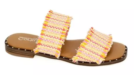Corkys Afrayed of What – Frayed Strap Slip-On Sandals for Women in Tan & Pink, Flat Studded Sole thumbnail