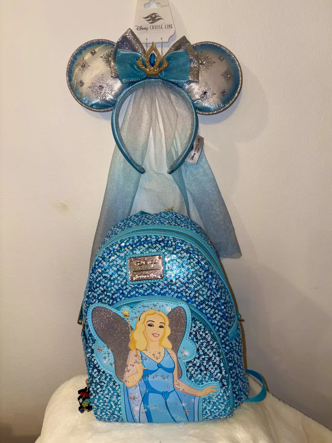 Loungefly Pinocchio Blue Fairy Sequin Backpack & Disney Minnie Ears BUNDLE thumbnail