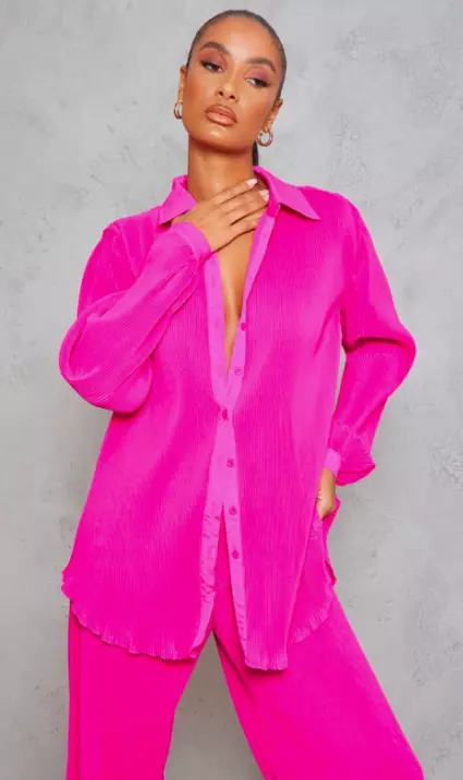 PrettyLittleThing Hot Pink Plisse Button Front Oversized Shirt US Size 8 NWT thumbnail