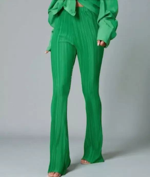 PrettyLittleThing Bright Green Plissé High-Waisted WideLeg Trousers Size 6 NWT thumbnail