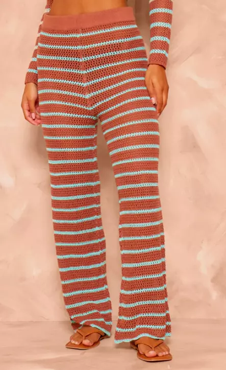 PrettyLittleThing Mocha Stripe Crochet Knit Wide Leg Pants NWT UK Size XS thumbnail