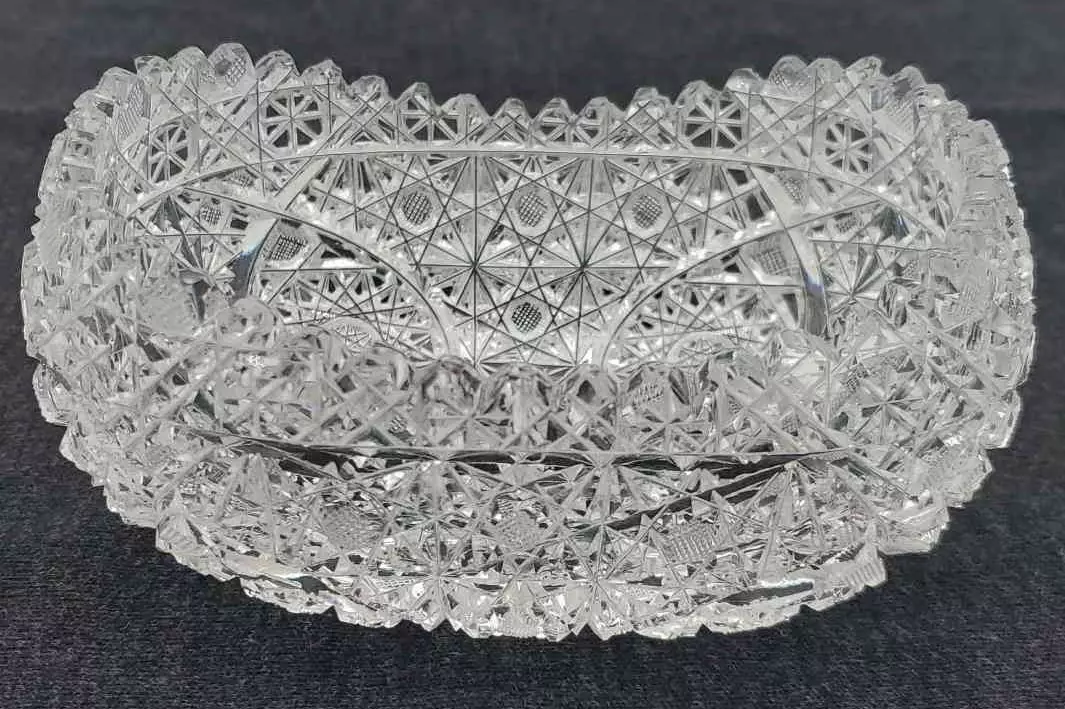 Antique 8.5" Cut Glass Oval Bowl American Brilliant Period ABP Star Sawtooth Rim thumbnail