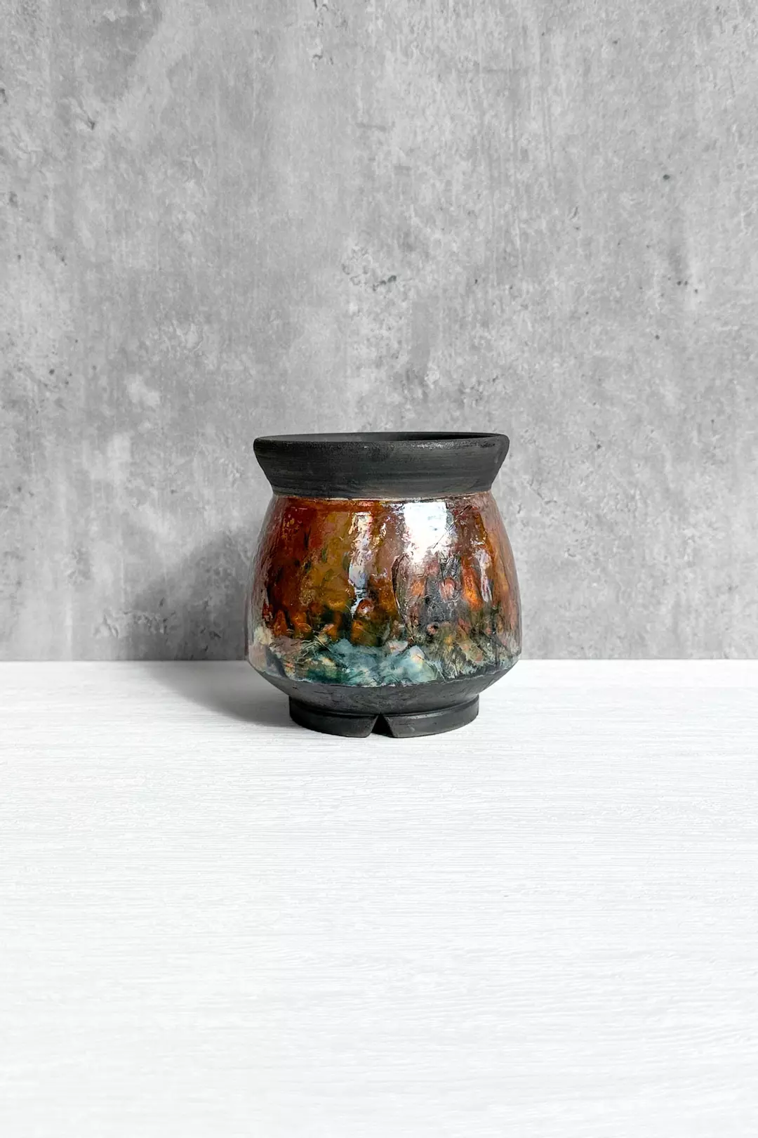 Small Raku Planter with Copper Glaze - Interior: 2 3/4" W (neck) x 3 5/8" D thumbnail