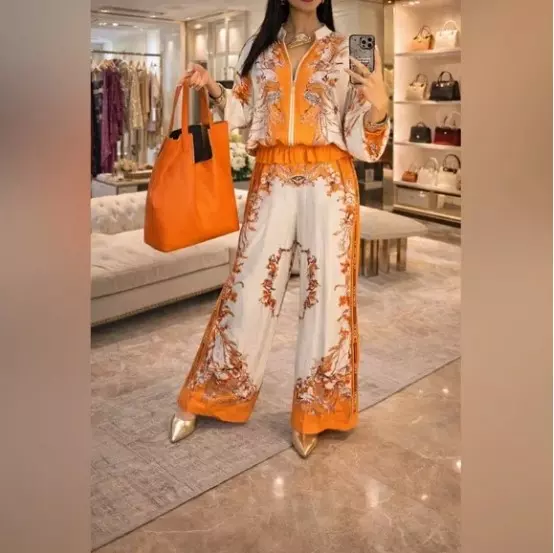 Orange & Ivory Baroque Print 2-Piece Set Zip Jacket & Wide-Leg Pants thumbnail
