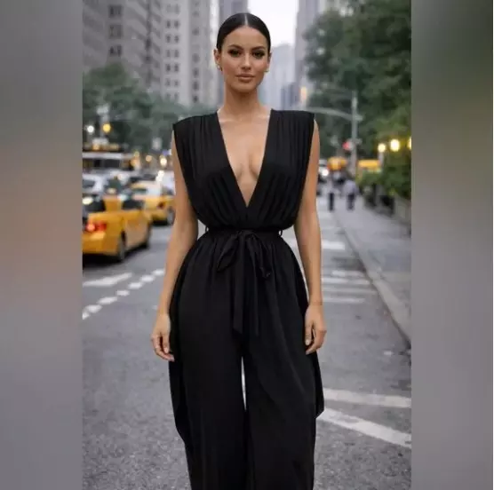 Chic Black Pleated Wide-Leg Jumpsuit Elegant V-Neck Tie Waist thumbnail