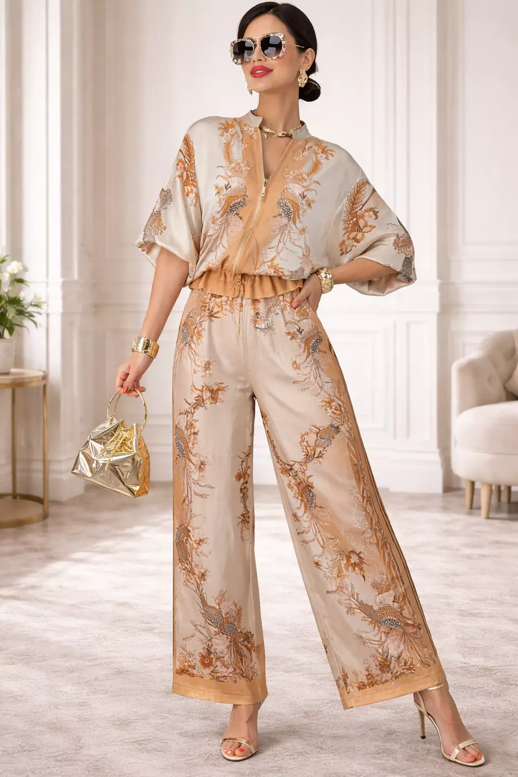 Ivory & Brown Baroque Print 2-Piece Set Zip Jacket & Wide-Leg Pants thumbnail