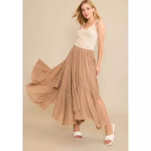 Raw-Edge Asymmetrical Ruched Uneven Hemline Skirt in Taupe thumbnail