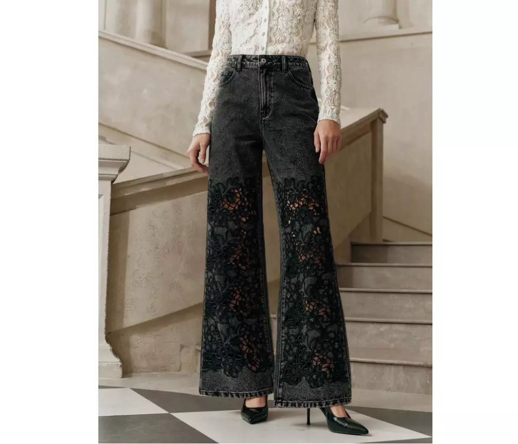 Boutique Chic Black Lace Overlay Wide-Leg Jeans |High Waist Statement Denim thumbnail