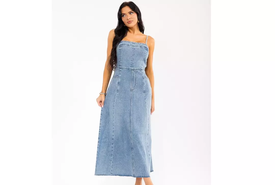 Sleeveless Front Pockets Washed Denim Maxi Dress thumbnail