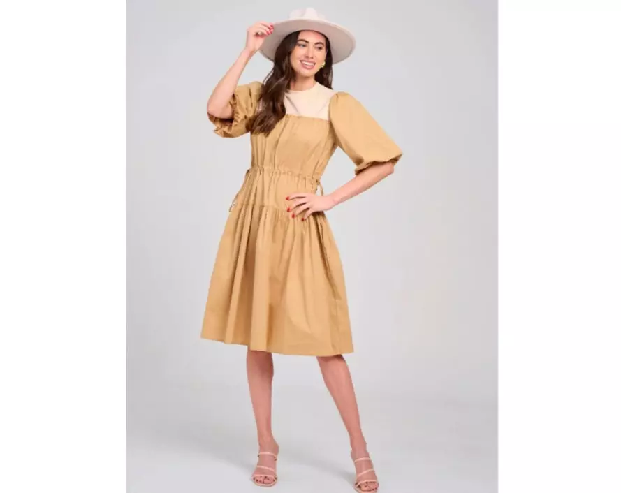 Short Puff Sleeve Adjustable Waist ColorBlockMidi Dress thumbnail