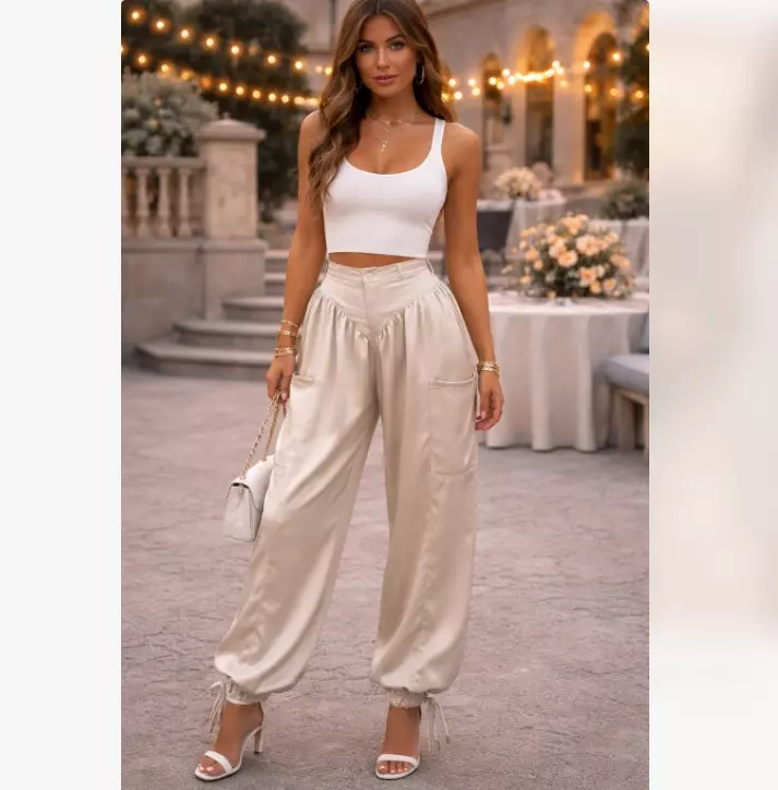 Chic Satin Wide Leg Trousers in Beige thumbnail