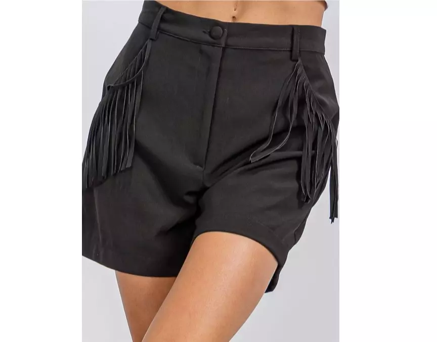 Button Cloosure Pockets Fringe Detailed Mini Shorts thumbnail