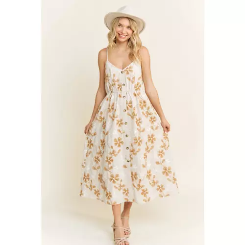 3D Floral Textured Natural Woven Fabric Tank Midi Tiered Dress thumbnail