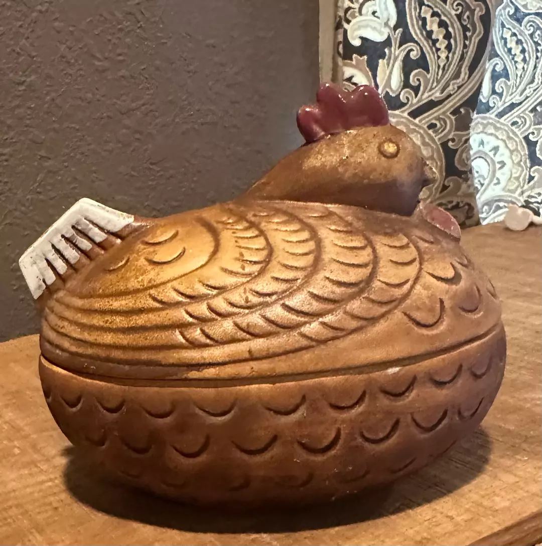 Vintage stoneware chicken hen covered trinket dish thumbnail