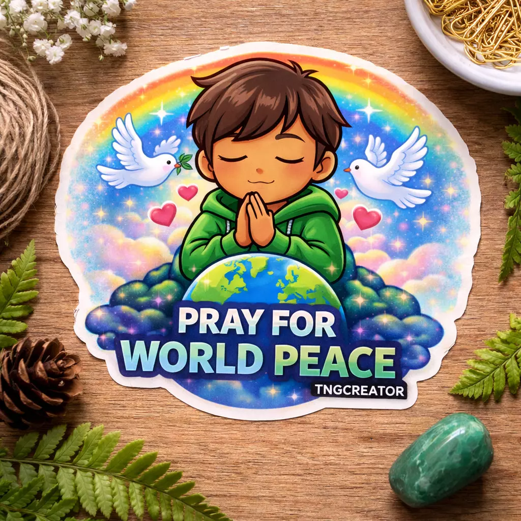 Pray For World Peace Sticker 3 Inch | Christian Faith Chibi Sticker  thumbnail
