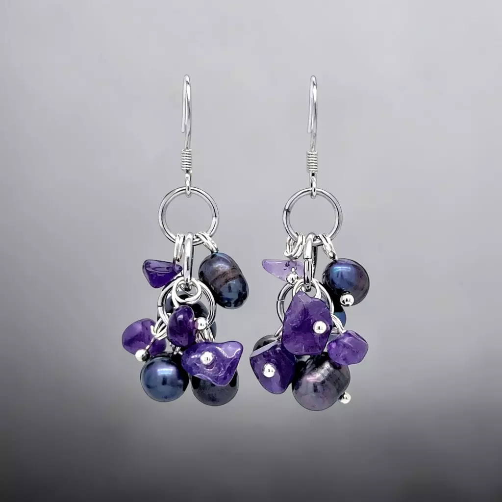 Cultured Peacock Pearl and Amethyst Drop Earrings in 925 Sterling Silver thumbnail