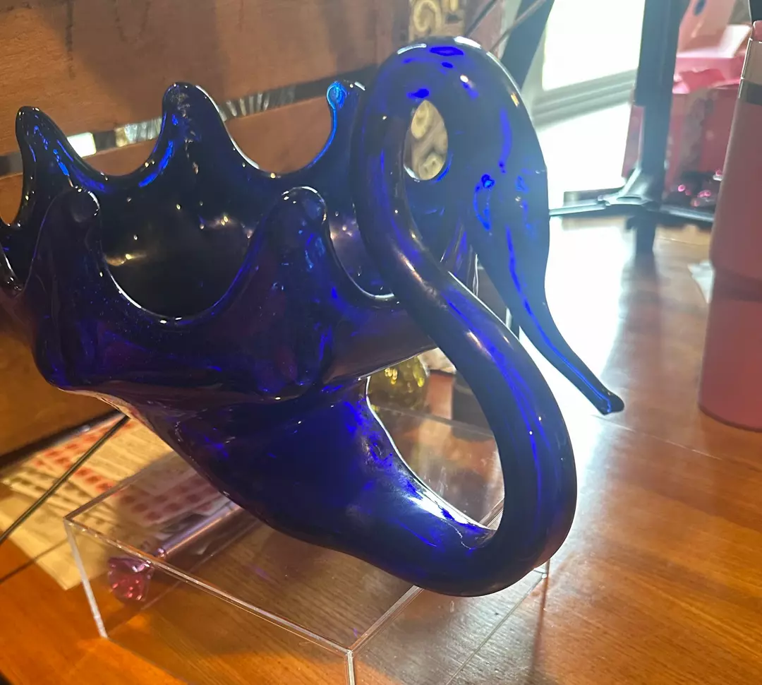  Vintage, hand-blown cobalt blue art glass swan bowl thumbnail