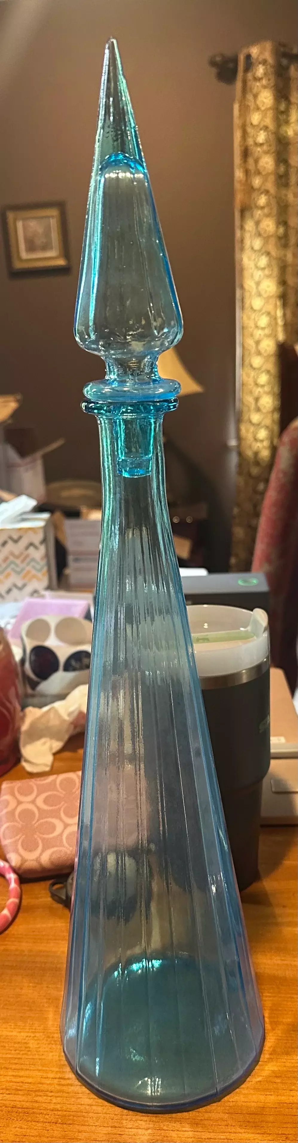 Vintage Italian Empoli blue glass decanter, frequently referred to as a "Genie"  thumbnail