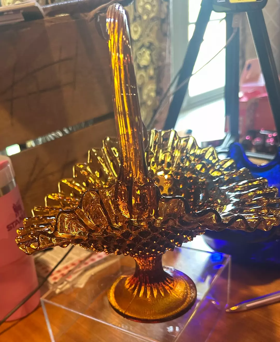 Vintage Fenton Amber Hobnail glass basket thumbnail