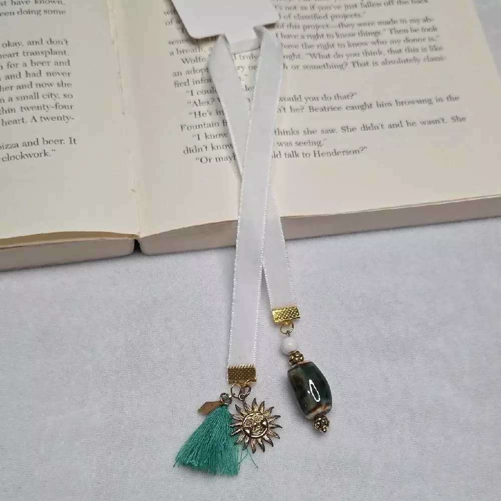 Handmade White Velvet Ribbon Beaded Bookmark Gold Sunshine Charm Green Tassel thumbnail