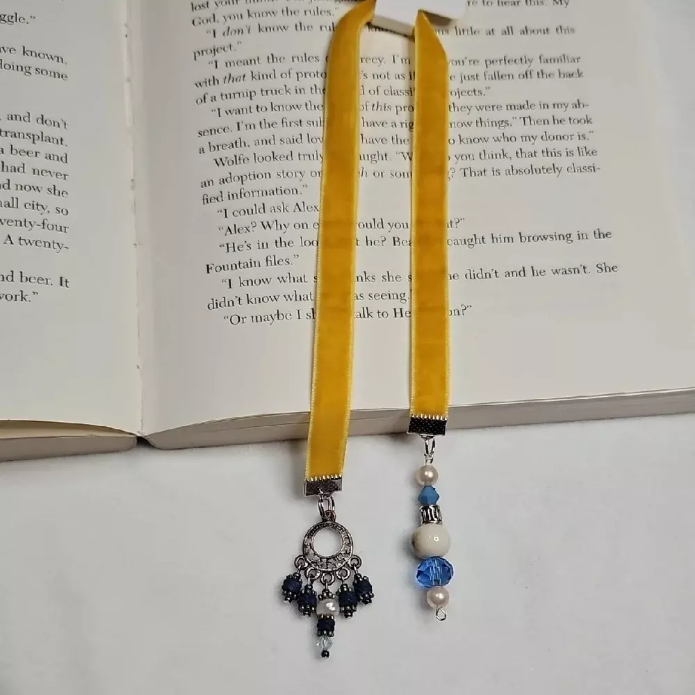 Handmade Yellow Gold Velvet Ribbon Blue White Beaded Bookmark Charms Handcrafted thumbnail