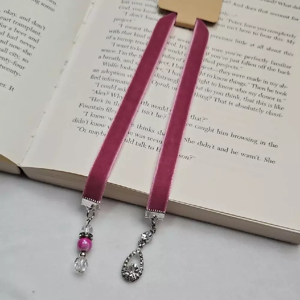 Handmade Rose Pink Velvet Ribbon Pink Silver Beaded Bookmark Rhinestone Charm thumbnail