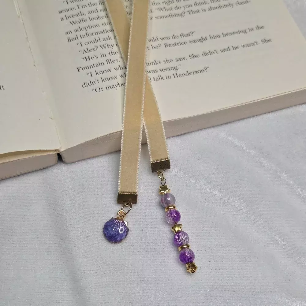 Handmade Cream Velvet Ribbon Purple Beaded Bookmark Purple Seashell Charm Gift thumbnail