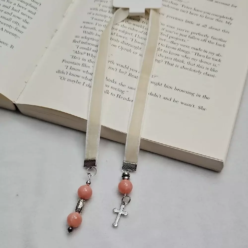 Handmade Cream White Velvet Ribbon Pink Beaded Bookmark Cross Charm Book Mark thumbnail