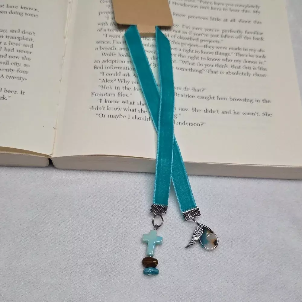 Handmade Teal Velvet Ribbon Cross Beaded Bookmark Angel Wing Charm Book Mark thumbnail
