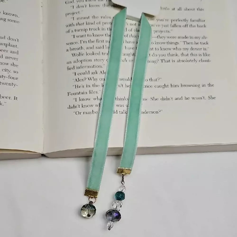 Handmade Seafoam Green Velvet Ribbon AB Beaded Bookmark Charms DIY Handcrafted thumbnail