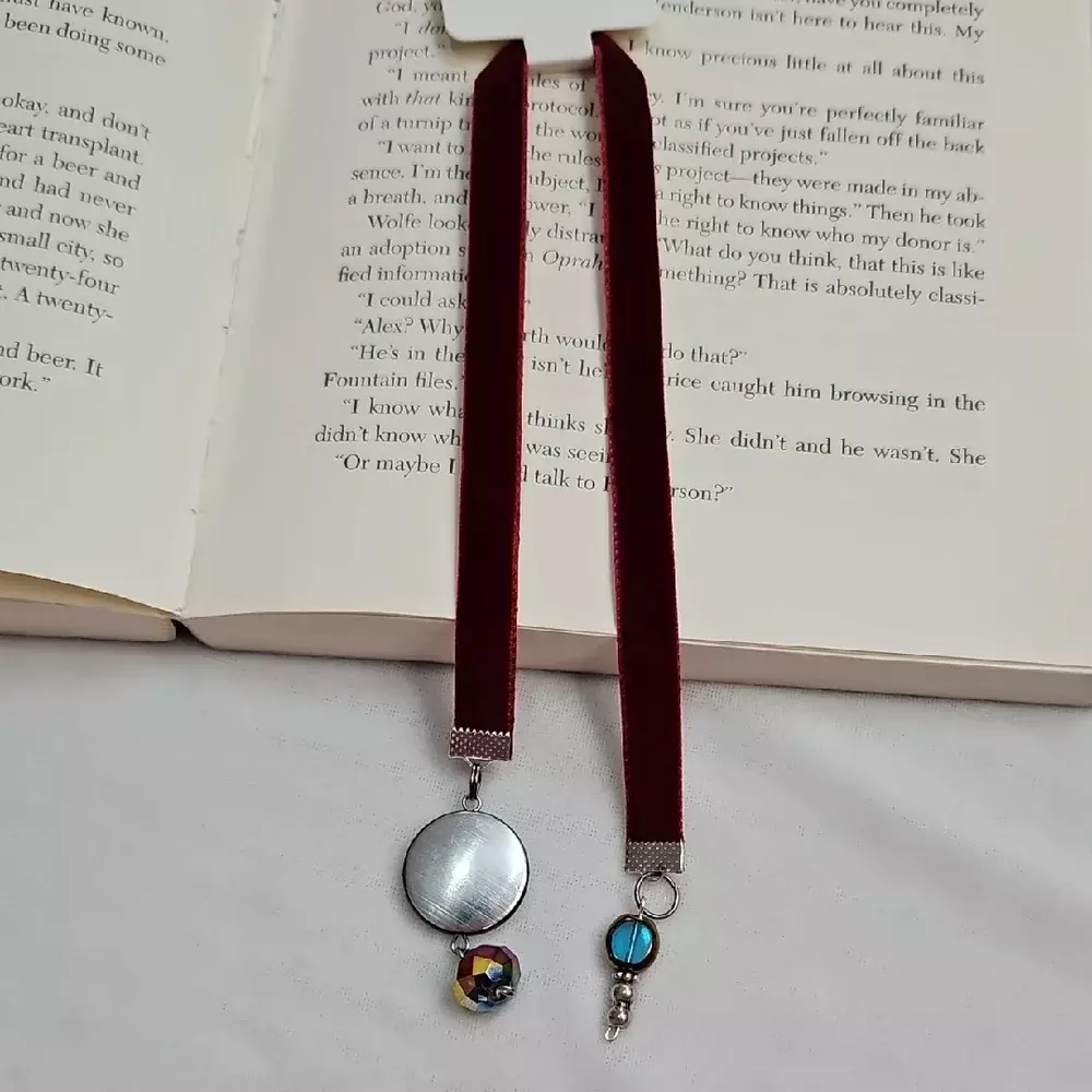 Handmade Dark Red Velvet Ribbon Beaded Bookmark Charm Book Mark Handcrafted thumbnail
