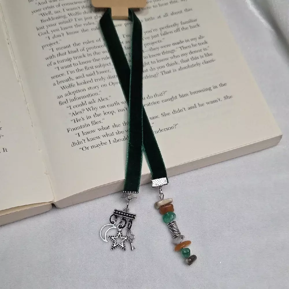 Handmade Dark Green Velvet Ribbon Orange Green Beaded Bookmark Silver Moon Star thumbnail