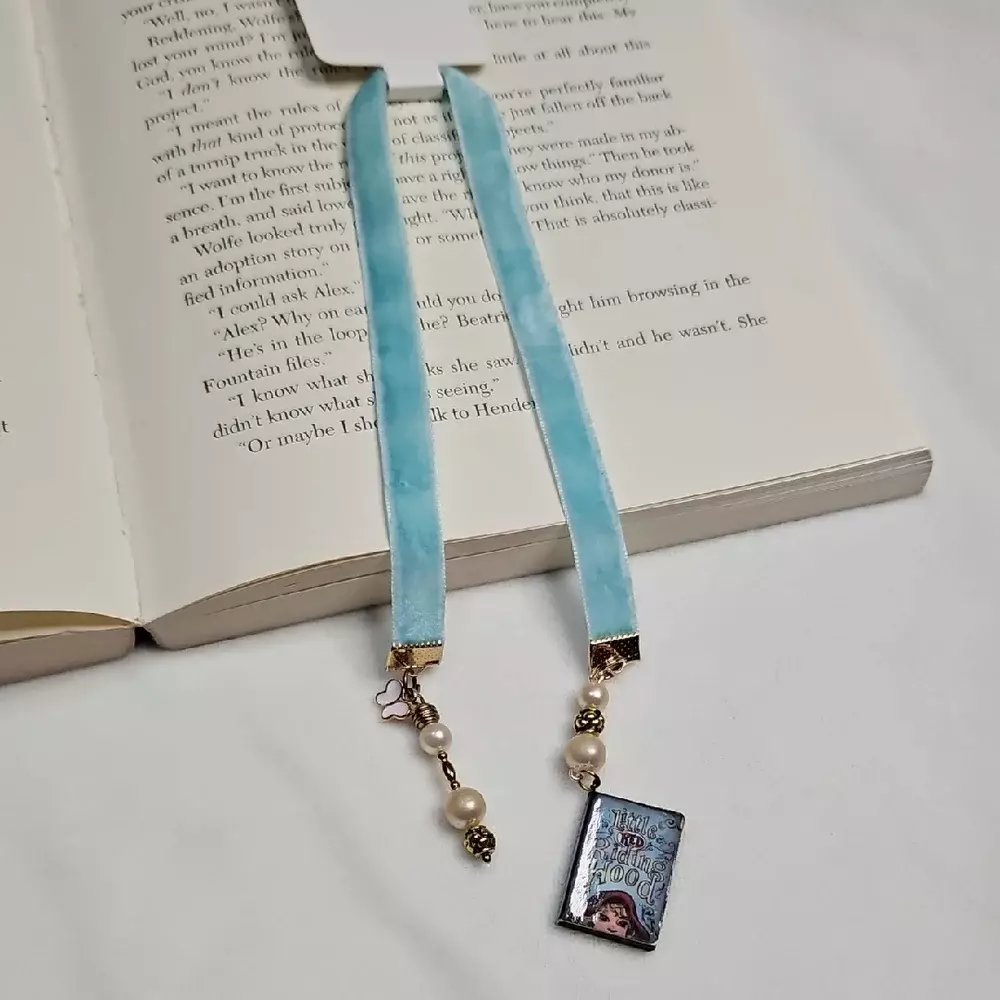 Handmade Light Blue Velvet Ribbon Beaded Bookmark Book Charm Butterfly Book Mark thumbnail