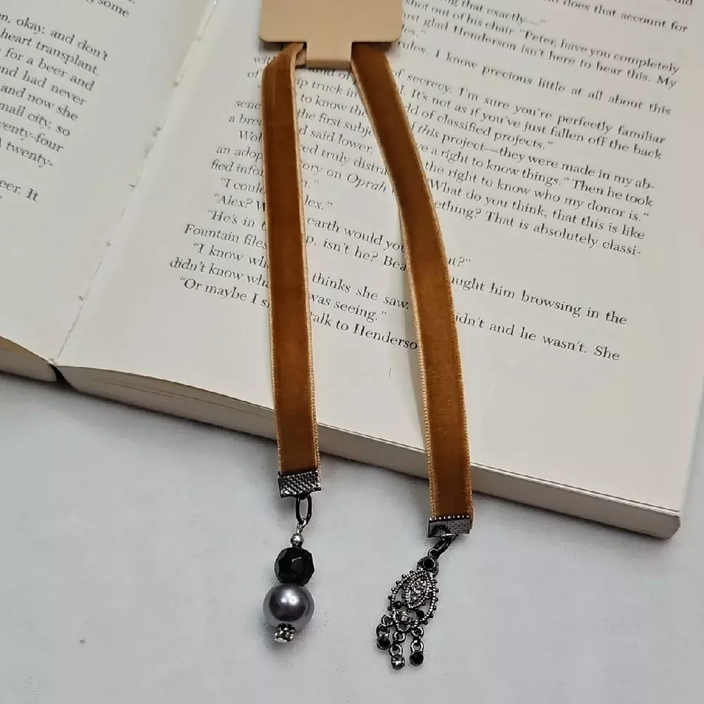Handmade Brown Velvet Ribbon Black Silver Beaded Bookmark Charm Book Mark thumbnail