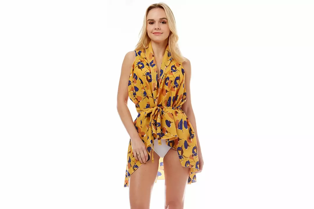 Mustard Floral High-Low Tie Waist Swimsuit Cover-Up Vest thumbnail