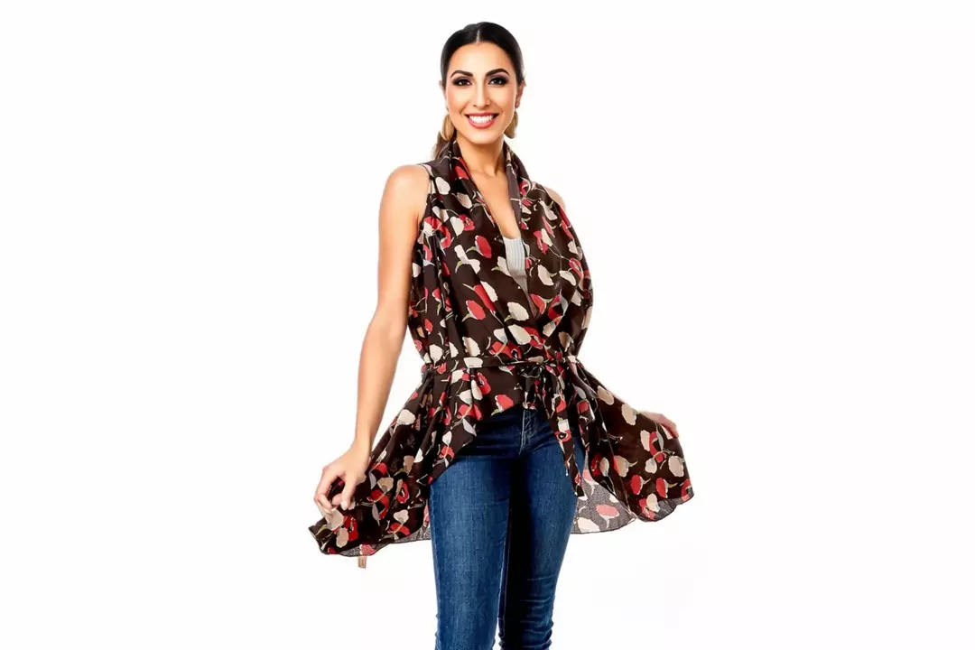 Black Floral High-Low Vest Cover-Up With Tie Waist - Womens Lightweight Layering thumbnail