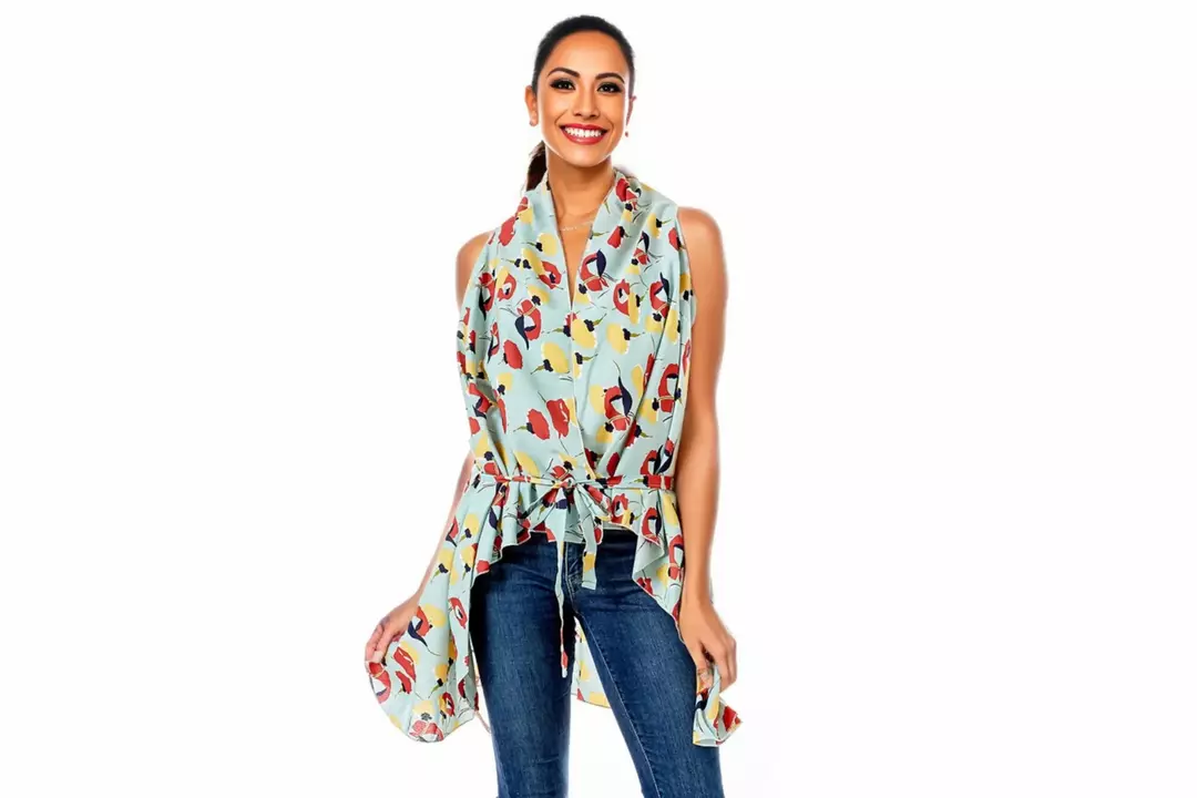 Mint Floral Vest High-Low Cover Up With Tie Waist & Multi-Tone Pattern One Size thumbnail
