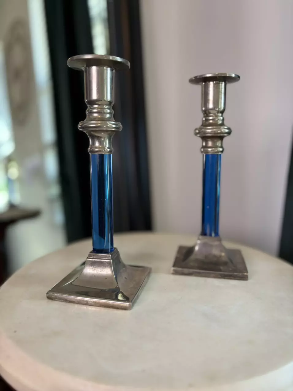 Pair of Blue Lucite & Silver-Plated Candlesticks thumbnail