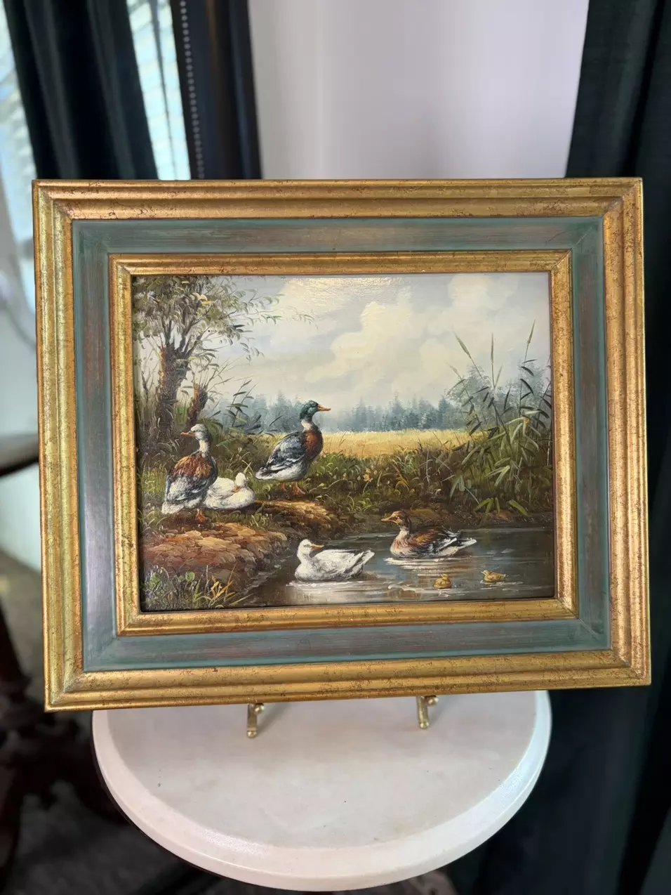 1950s Duck Scene Pond Oil on Board in Blue & Gold Frame thumbnail