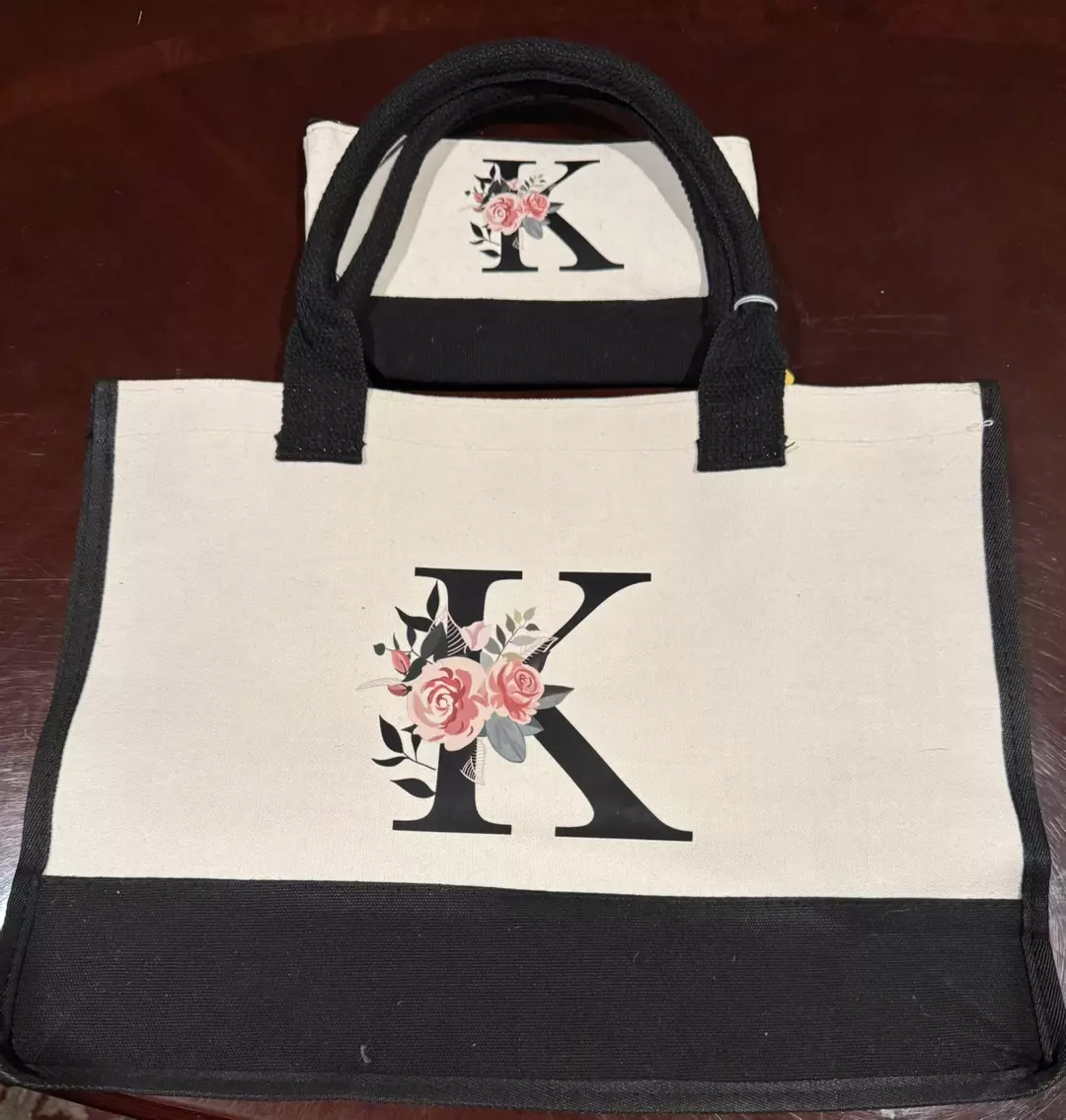 2pc Tote & Make up bag with Roses on letter K thumbnail