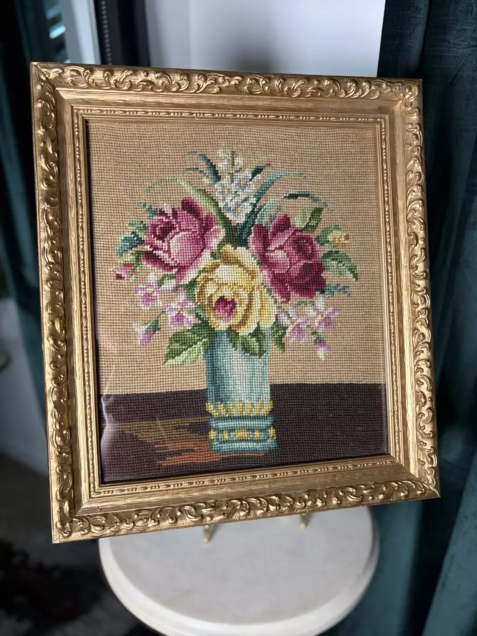 Vintage Floral Needlepoint Still Life in Gilt Wood Frame | 15” × 17” thumbnail
