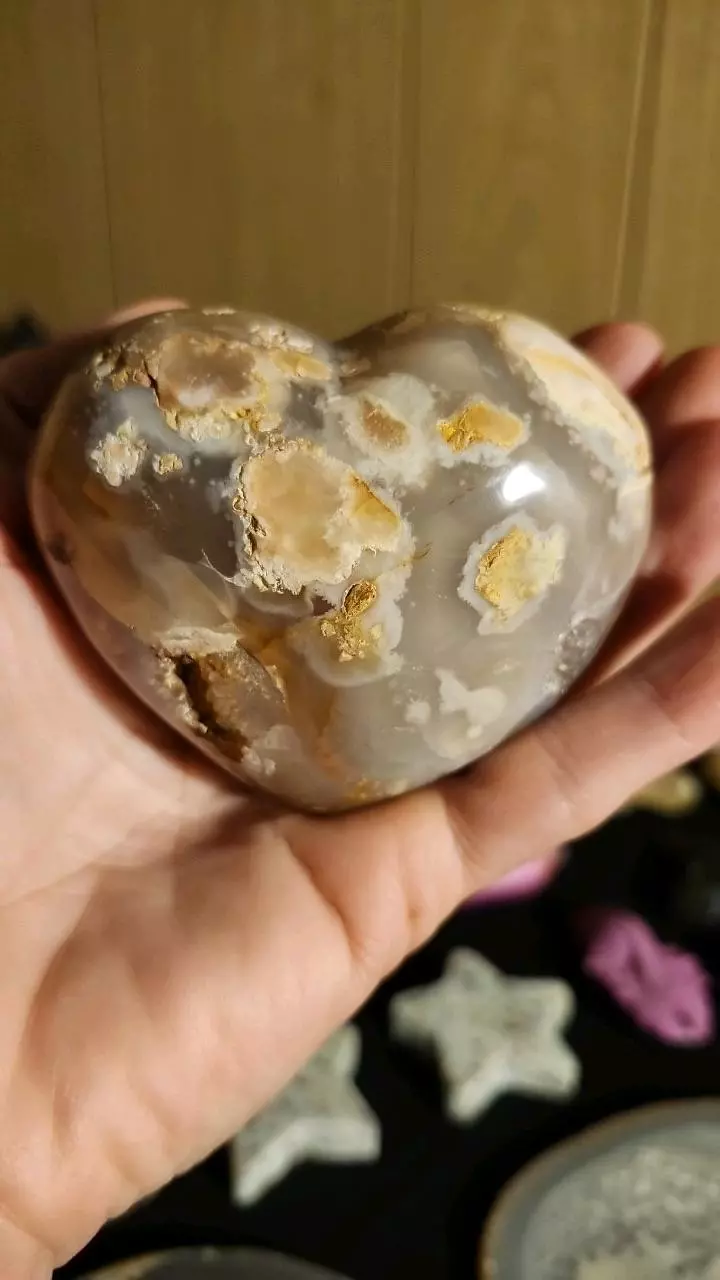 🔮 Large Puffy Flower Agate Heart W/ Druzy! 🔮 thumbnail