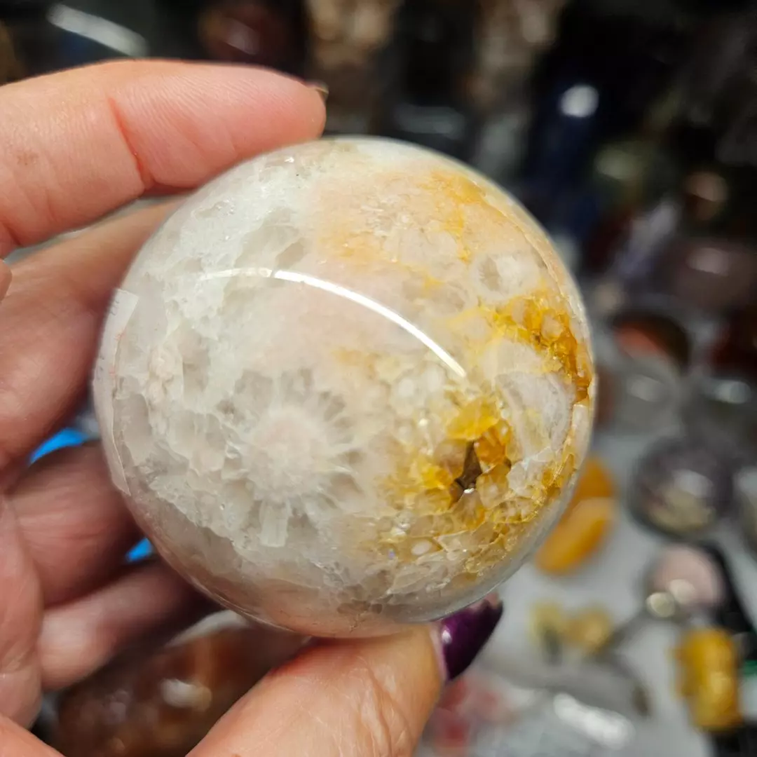 Pink amethyst sphere with flowers and a heart thumbnail