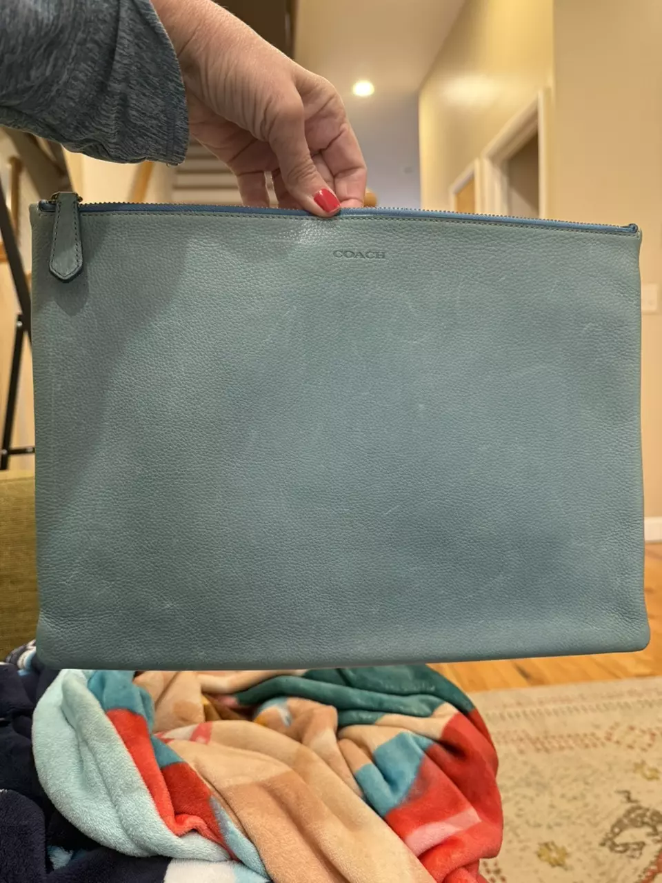 Vintage Coach RARE teal leather laptop iPad sleeve cover zippered top thumbnail