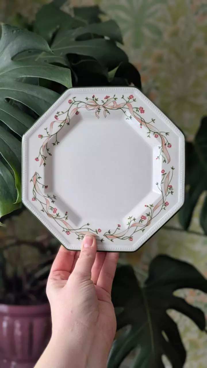 Johnson brothers octagonal plates with pink bow & florals - set of 3 thumbnail