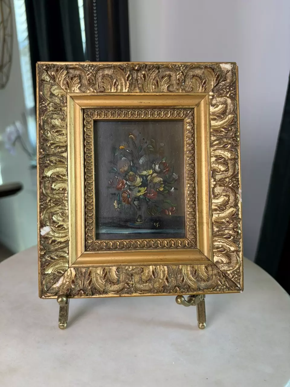 Mid-20th Century Floral Still Life Oil Painting on Board in Ornate Gilt Frame thumbnail